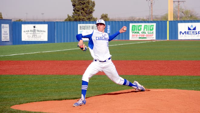 Carlsbad's Trevor Rogers fires a pitch in game one Friday against Oñate.