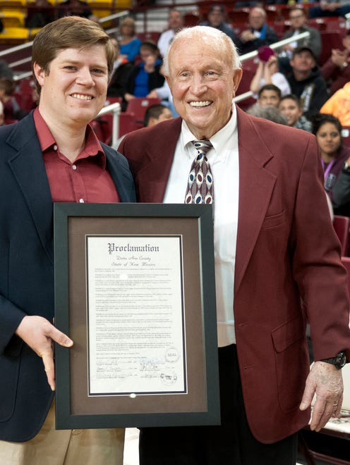 Legendary NMSU basketball coach Lou Henson was presented a proclamation from Dona Ana county commissioner Ben Rawson proclaiming Saturday Lou Henson Day. The Aggies beat Texas-Rio Grande Valley 92-68 at the Pan American Center.