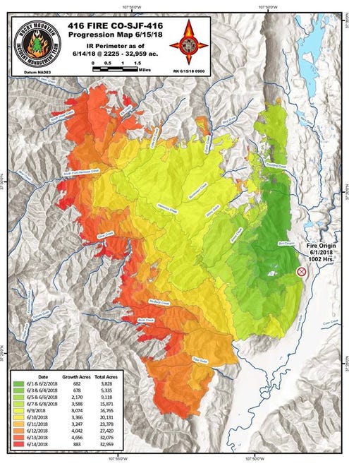 Maps like these were posted by the San Juan National Forest to allow the public to track the 416 Fire ' s spread.