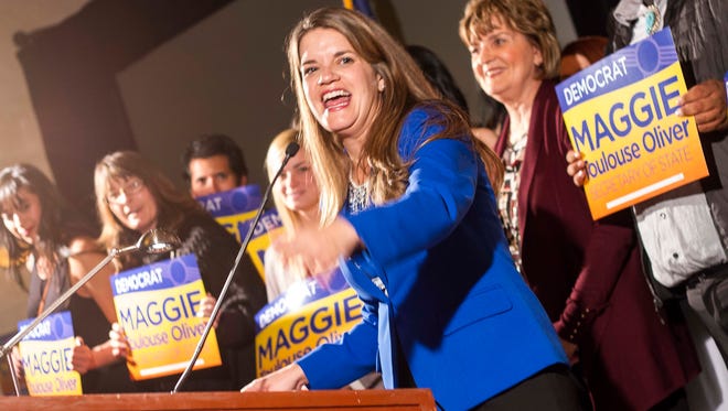 Maggie Toulouse Oliver, Secretary of State-elect, gives her acceptance speech at the New Mexico Democratic Party election night party Tuesday, Nov. 8, 2016 in Albuquerque, N.M.