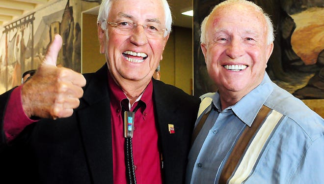 Garrey Carruthers with legendary NMSU basketball coach Lou Henson on May 10, 2013.