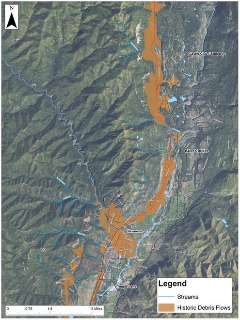 After the fire came the danger of floooding and mudslides. This is an example of warning maps documenting potential flood zones released by La Plata County officials in July 2018.