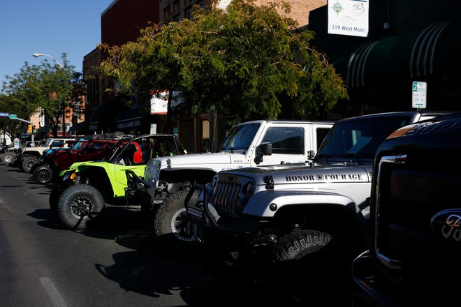 4-wheel drive vehicle park along West Main Street, Friday, Sept. 7, 2018 for Offroad Downtown Takeover along Main Street in downtown Farmington.