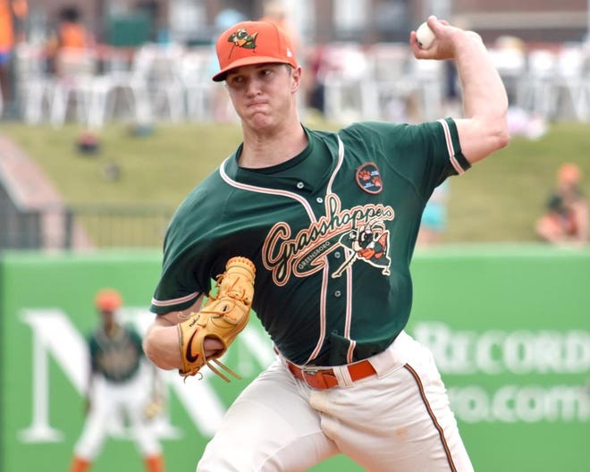 Carlsbad's Trevor Rodgers pitches as a member of the Class A Greensboro Grasshoppers in 2018.