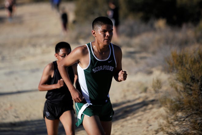 Farmington's Cameron Nez pushes his way up the trail during the District 2-5A cross country championships Friday at Pinon Hills Community Church in Farmington. Nez placed ninth at 20:35.47.