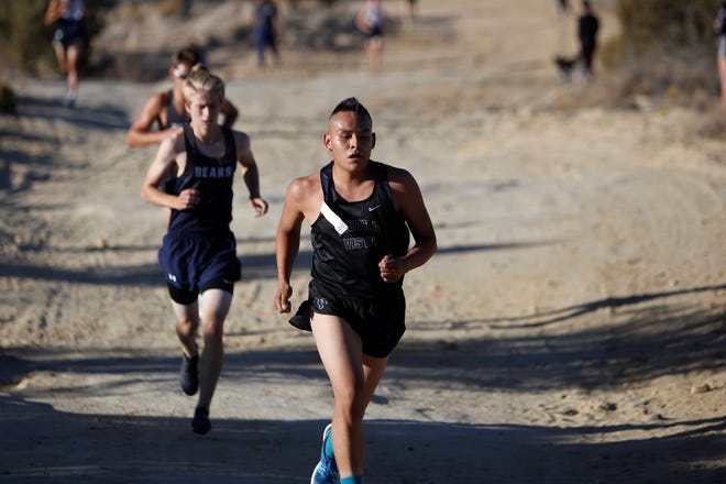 Piedra Vista's Adriel Eaton runs up the pathway during the District 2-5A cross country championships Friday at Pinon Hills Community Church in Farmington. Eaton placed 17th at 21:01.91.