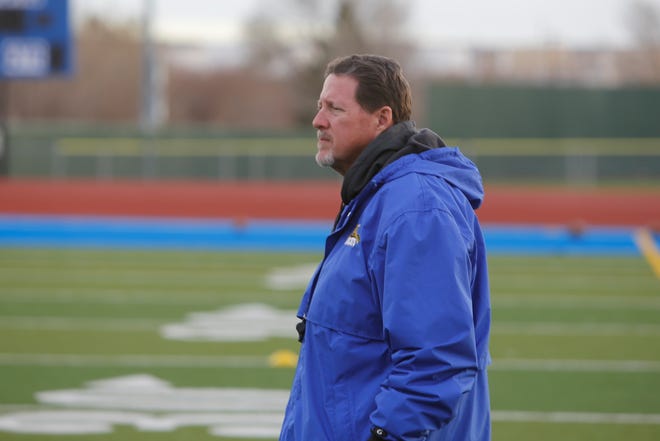 Bloomfield coach Bob Allcorn watches his team practice on Tuesday, Nov. 27, 2018 at Bobcat Stadium. Allcorn, a 1982 BHS football graduate, led the Bobcats to back-to-back state finals appearances in 2018 and 2019.