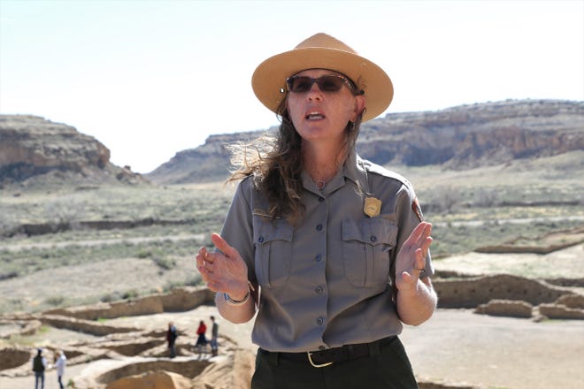 Chaco Culture National Historical Park Superintendent Denise Robertson speaks, Sunday, April 14, 2019, at Pueblo Bonito in the national historical park.