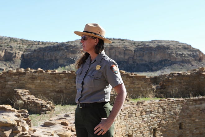 Chaco Culture National Historical Park Superintendent Denise Robertson stands in front of a kiva at Pueblo Bonito, Sunday, April 14, 2019, at Chaco Culture National Historical Park.