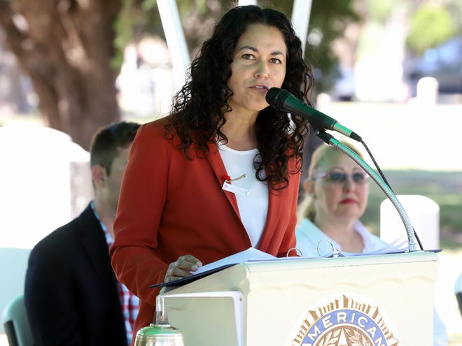 U.S. Rep. Xochitl Torres Small, D-NM, addresses a Memorial Day ceremony in Deming, New Mexico on May 27, 2019.