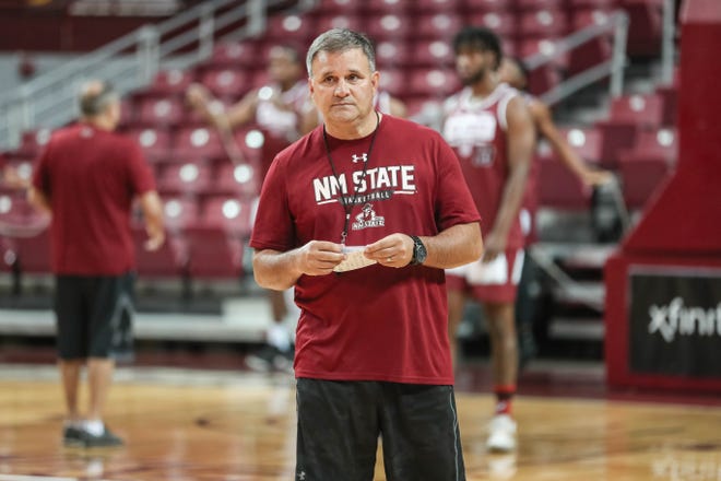 Head coach Chris Jans runs drills at NMSU men's basketball first practice of the season at the Pan American Center in Las Cruces on Thursday, Sept. 26, 2019.