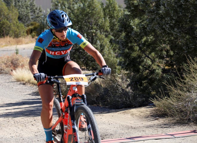 McKenzie Winebarger, shown here crossing the finish line in the 2019 Road Apple Rally, wins the women's event for the first time in 2021 at Lions Wilderness Park.