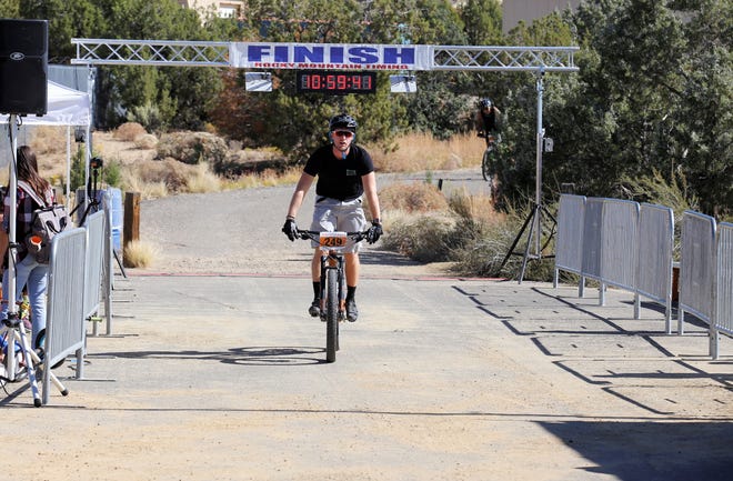 Ned Merrion crosses the finish line, Saturday, Oct. 5, 2019, during the Road Apple Rally.