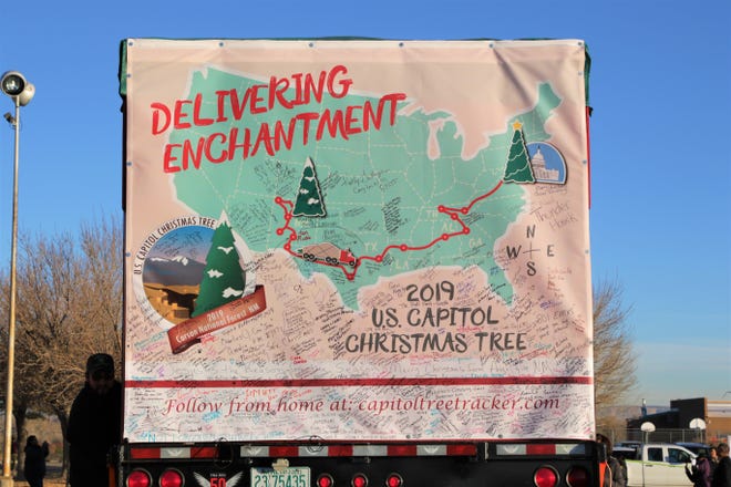 A map of the U.S. Capitol Christmas tree's journey from the Carson National Forest to the U.S. Capitol in Washington, D.C. is shown on Nov. 13, 2019 in Shiprock.