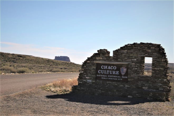 The entrance to Chaco Culture National Historical Park is pictured April 14, 2019, with Fajada Butte in the background.