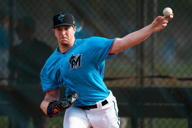 Miami Marlins pitcher Trevor Rogers throws during a Spring Training workout at Roger Dean Chevrolet Stadium in Jupiter, Florida on February 14, 2020. Rogers was called up to the Marlins team on Monday and will pitch in his first MLB game on Tuesday against New York.