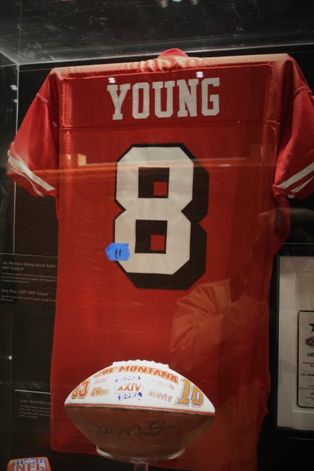 A Steve Young jersey is part of a San Francisco 49ers display included in the "Gridiron Glory" exhibition.
