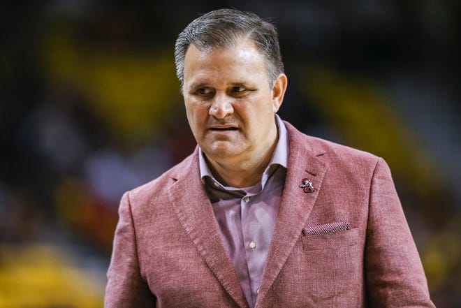 NMSU head coach Chris Jans stands on the sidelines as the New Mexico State Aggies face off against the Cal Baptist Lancers at the Pan American Center in Las Cruces on Thursday, March 5, 2020.
