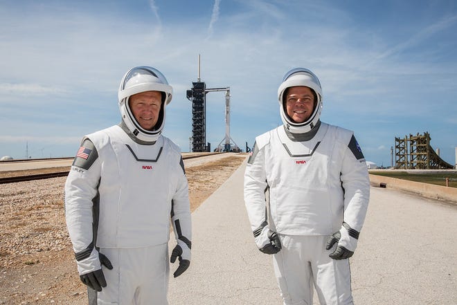 NASA astronauts Douglas Hurley, left, and Robert Behnken participate in a dress rehearsal for launch at the agency’s Kennedy Space Center in Florida on May 23, 2020, ahead of NASA’s SpaceX Demo-2 mission to the International Space Station.