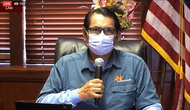 A screenshot shows Navajo Nation President Jonathan Nez addressing the public during a town hall meeting streamed live on May 26 on Facebook.