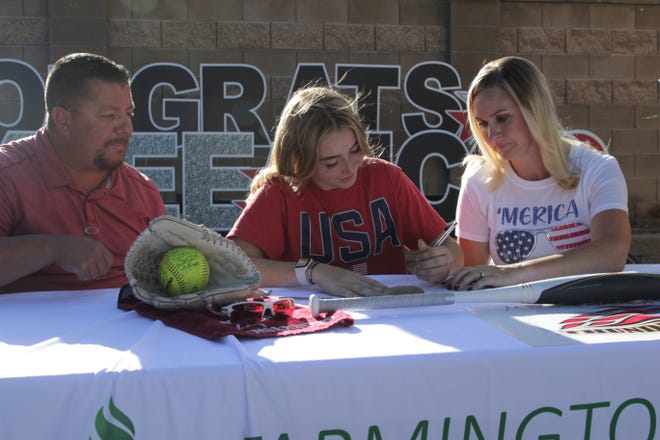 Farmington's Kaylee Stowell signs her National Letter of Intent on Tuesday, June 23, 2020, to continue her softball career at Mesa Community College in Mesa, Arizona.