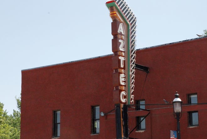 A marquee is seen, Thursday, July 2, 2020, at the historic Aztec Theater.