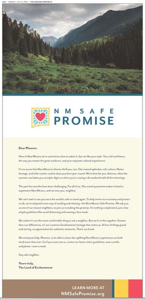 New Mexico Tourism department published an ad in The Arizona Republic Tuesday urging Phoenicians to join the NM Safe Promise, which promotes COVID-19 safe practices.
