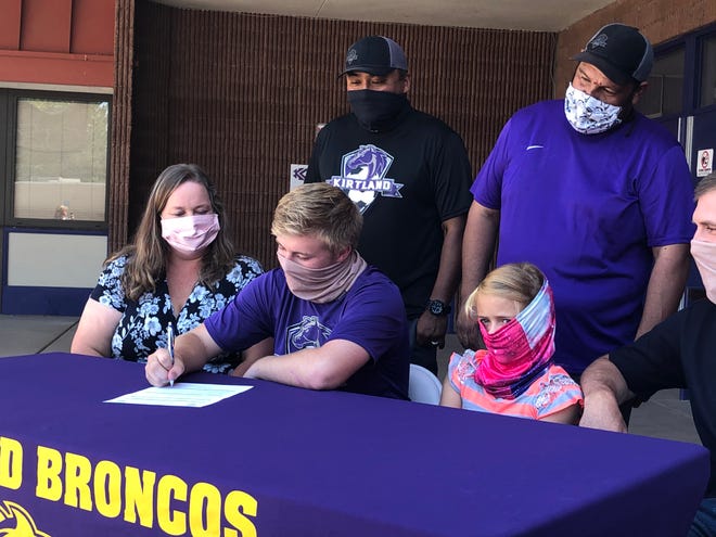 Kirtland Central’s Colten Warner signs his National Letter of Intent on Tuesday, July 21, 2020, to continue his soccer career at Northwest College in Powell, Wyoming.