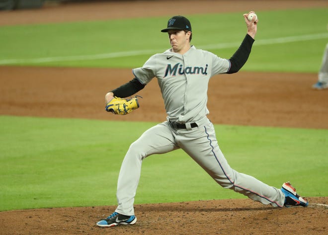 Miami Marlins starting pitcher Trevor Rogers throws against the Atlanta Braves on Sept. 21, 2020 at Truist Park in Atlanta, GA. Rogers is scheduled to face Atlanta again on Friday in Game 4 of the National League Division Series.