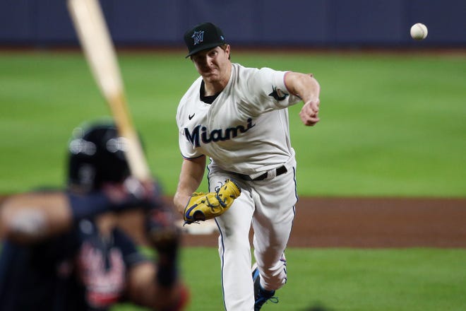 Trevor Rogers pitches against the Atlanta Braves in a relief effort during the fourth inning of Game 3 of the 2020 NLDS at Minute Maid Park.