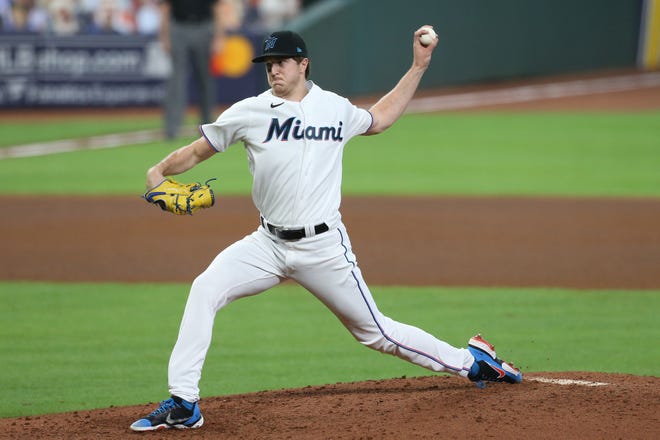Oct 8, 2020; Houston, Texas, USA; Miami Marlins starting pitcher Trevor Rogers (95) throws against the Atlanta Braves during the fourth inning of game three of the 2020 NLDS at Minute Maid Park. Mandatory Credit: Thomas Shea-USA TODAY Sports