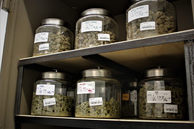 Jars containing different varieties of marijuana are stored in a safe at New Mexico Alternative Care in Farmington on Nov. 12, 2020.