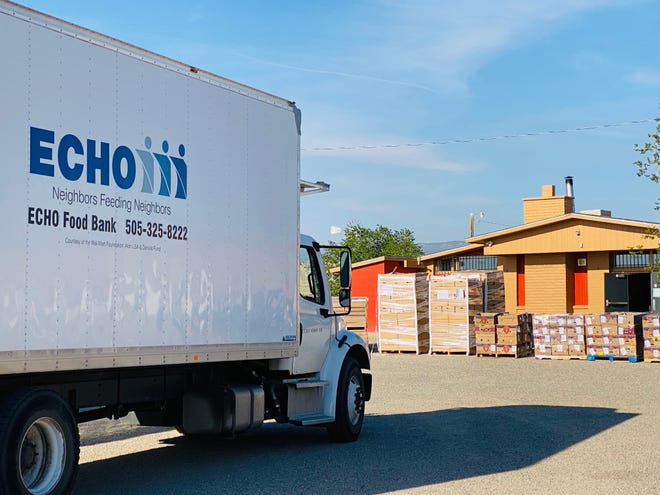 An ECHO Food Bank truck is parked outside the Sheep Springs Chapter House on the Navajo Nation, where the agency distributed nearly 17,000 pounds of food.