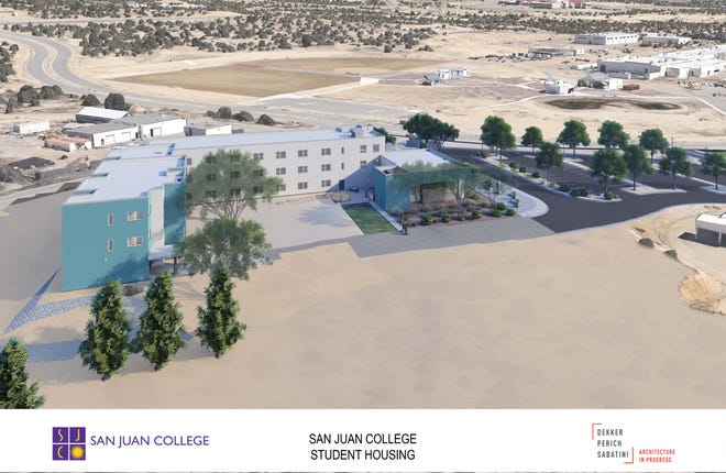 An architectural rendering of the planned on-campus student housing facility at San Juan College is featured. A viretual groundbreaking ceremony for the facility takes place at 2 p.m. Feb. 19.