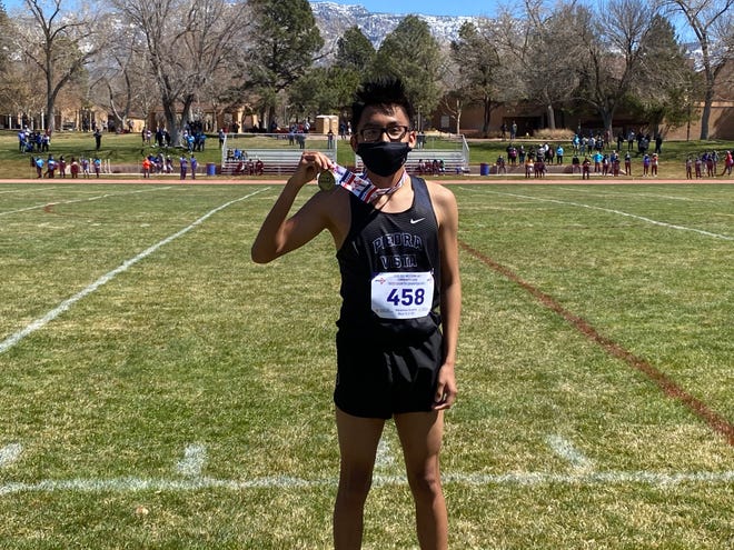 Piedra Vista’s Makua Harvey won the 5A boys cross country title on Saturday, March 27, 2021, at Albuquerque Academy.