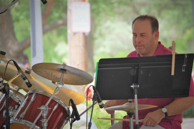 Drummer Teun Fetz of the Fetz X-tet performs on May 29, 2021, in Berg Park in Farmington during the Animas River Jam.