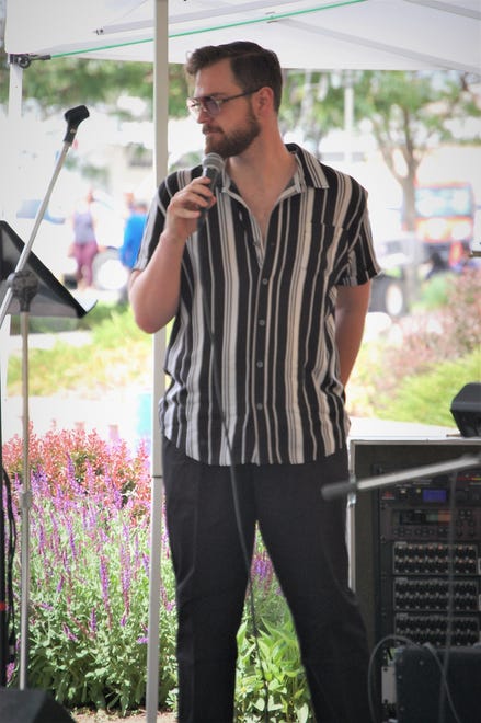 Vocalist Taylor Woodard performs with the Fetz X-tet on May 29, 2021, in Berg Park during the Animas River Jam.