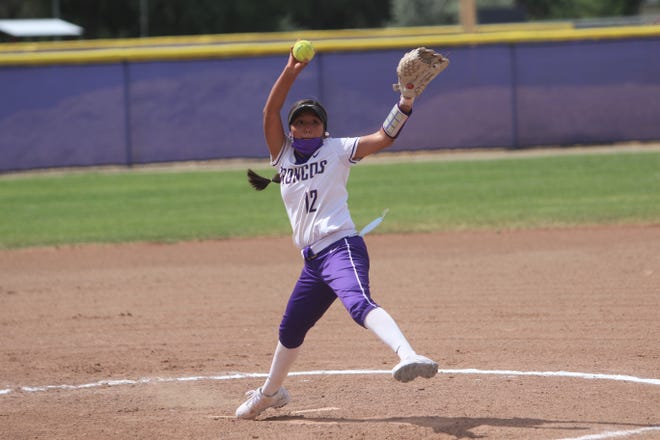 Kirtland Central's Kaitlyn Tsosie fires a pitch against Piedra Vista on Wednesday, June 9, 2021, at KCHS.