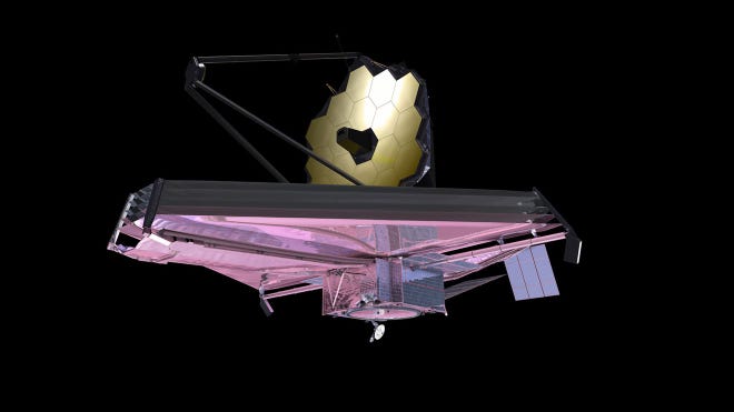 This artist's concept shows NASA's James Webb Space Telescope, which will be launched into orbit in December. Some of the images it beams back to earth may be showcased at the Farmington Public Library as part of a grant the institution received recently.