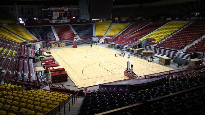 New Mexico State basketball and volleyball will play on a temporary court for the rest of 2021-22 year due to damage to the Pan American Center surface.