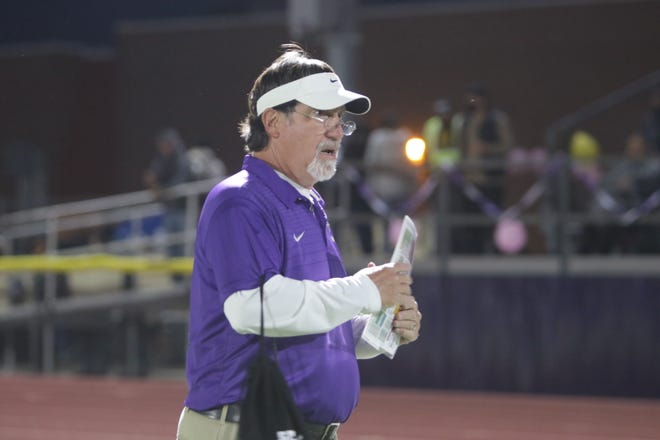 Kirtland Central head football coach Jeff Schaum prepares for a game against Aztec, Friday, Oct. 22, 2021 at Bill Cawood Field