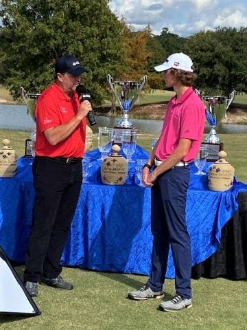 Quinn Yost interviews with The Golf Channel and accepts championship trophy after winning the Notah Begay III Jr Golf National Championship at Koasati Pines at Coushatta Golf Course in Kinder, Louisiana.