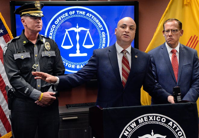 NM Attorney General Hector Balderas talks about the investigation and audit into Torrance County. Balderas is flanked by NM State Police Chief Tim Johnson and State Auditor Brian Colon on Thursday, May. 02,  2019.