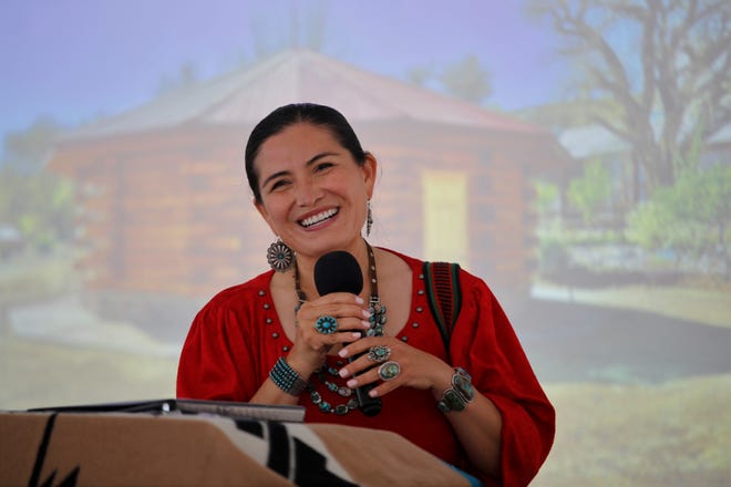 Former Navajo Nation Attorney General Ethel Branch speaks at the 30th anniversary event for Navajo Preparatory School on May 12 in Farmington.
