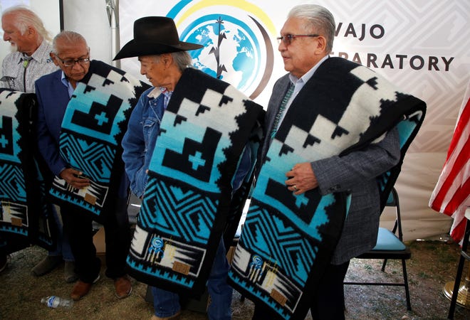 Daniel E. Tso, George Arthur and Edison Wauneka, left to right, helped establish and develop Navajo Preparatory School throughout its 30 years. They were among the school's founders honored on May 12 in Farmington.