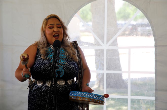 Navajo Preparatory School alumna Kansas K. Begaye sings at the school's 30th anniversary event on May 12 in Farmington.