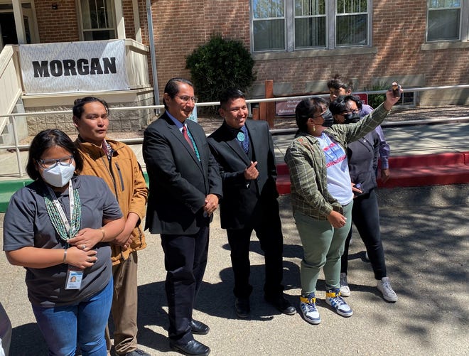 Navajo Nation President Jonathan Nez visits with students at Navajo Preparatory School in Farmington on May 12 during the event to celebrate the school's 30th anniversary.