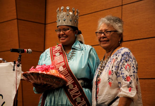 Miss Navajo Nation 2021-2022 Niagara Rockbridge stands with Shirley Montoya, facilitator of Sisters in Circle, on June 30 during the Celebration of Women Conference at the Farmington Civic Center.