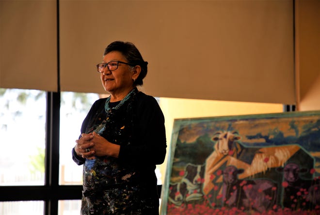 Artist Elizabeth Whitethorne-Benally talks about her work on June 20 during the Celebration of Women Conference hosted by Sisters in Circle at the Farmington Civic Center.