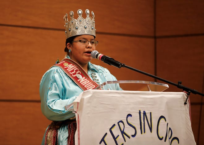 Miss Navajo Nation 2021-2022 Niagara Rockbridge addresses attendees on June 30 during the Celebration of Women Conference hosted by Sisters in Circle at the Farmington Civic Center.